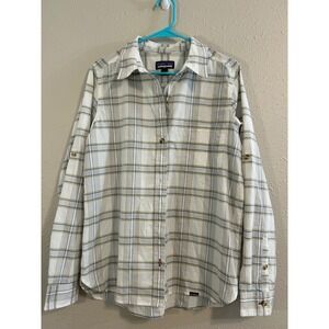 Patagonia Womens Plaid Roll Tab Long Sleeve Hiking Shirt White Grey Gorpcore L